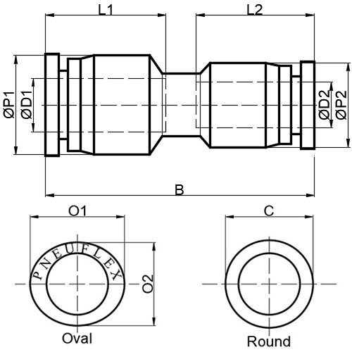 drawing of pg union straight reducer push to connect fitting